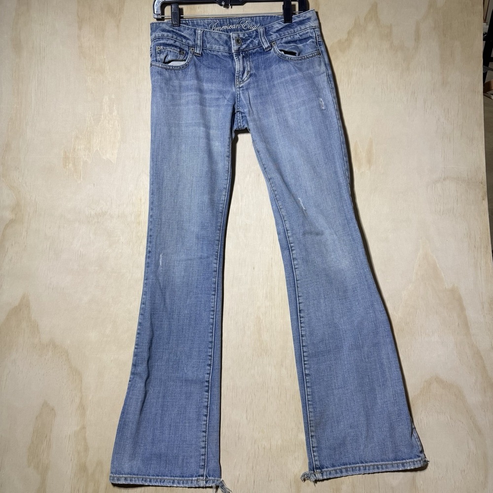American Eagle Favorite Boyfriend Jeans Womens 2 Long Blue Distressed Flare Y2K